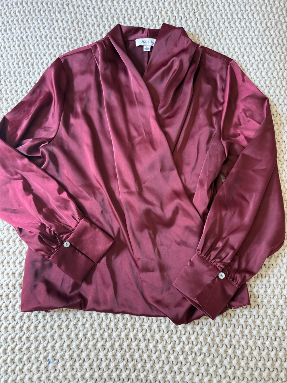 She Sky Satin Deep V-Neck Wrap Balloon Sleeve Blouse - Burgundy Size Large